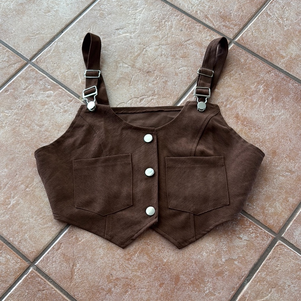 Brown Cropped Vest with Pockets